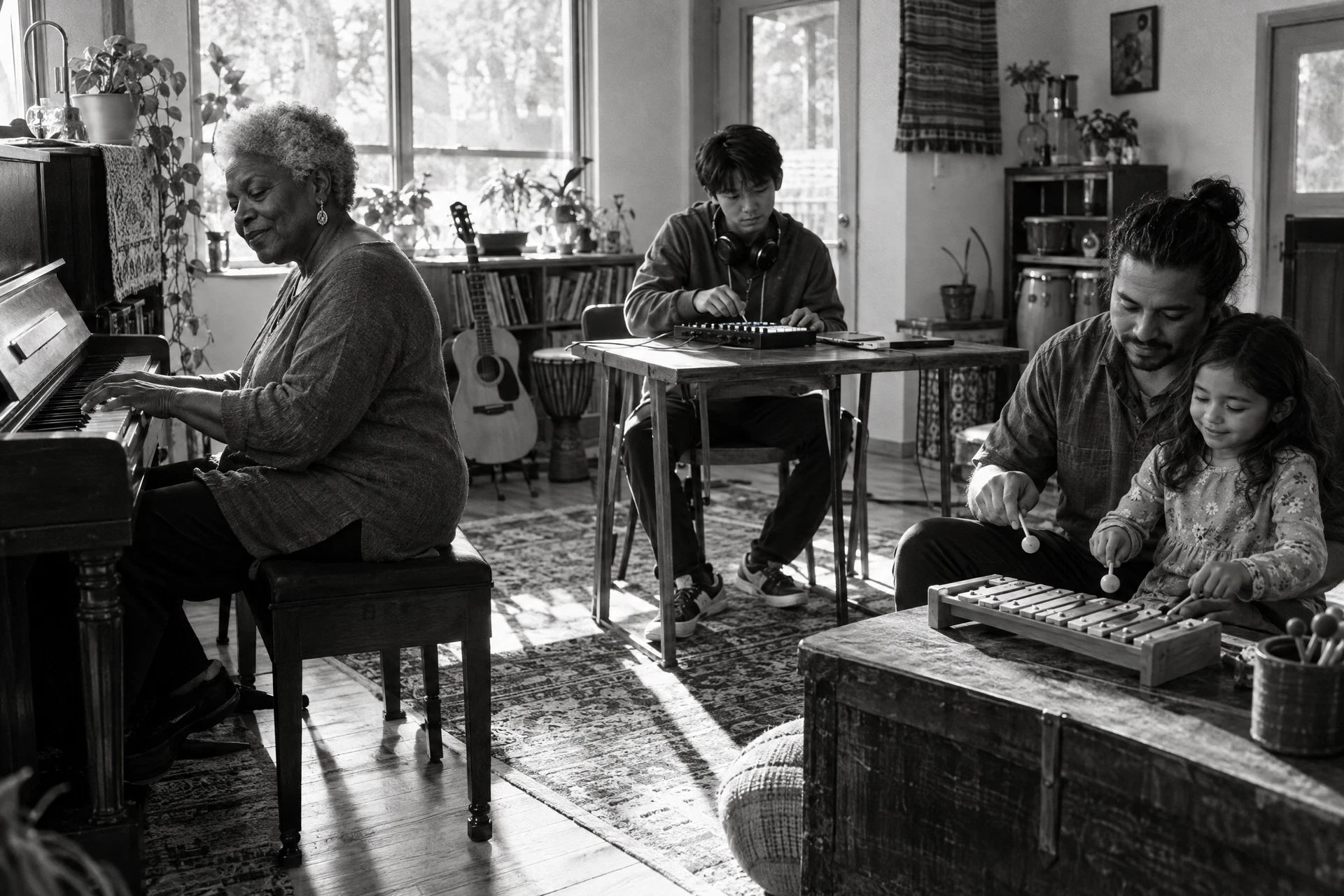 Original campaign illustration of an older pianist, a teenager creating electronic music and a parent with a child exploring a xylophone in a shared music room.